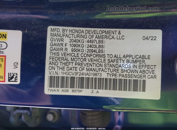 1HGCV3F24NA019873 2022 HONDA ACCORD Blue Vista del compartimento del motor