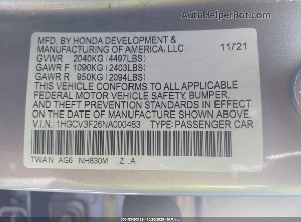 1HGCV3F26NA000483 2022 HONDA ACCORD Серый Вид подкапотного пространства