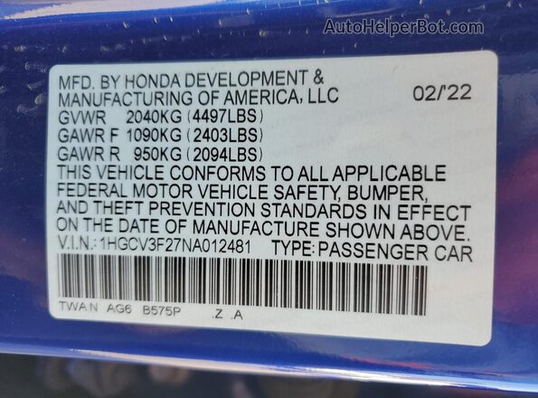 1HGCV3F27NA012481 2022 HONDA ACCORD Синий Вид подкапотного пространства