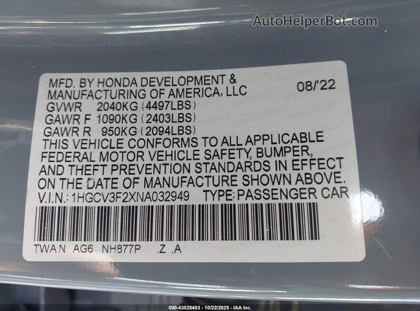 1HGCV3F2XNA032949 2022 HONDA ACCORD Gray Вид підкапотного простору