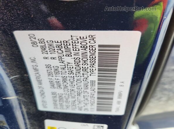1HGCV3F41LA016668 2020 HONDA ACCORD Синий Вид наклейки с VIN-кодом