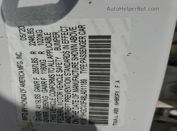 1HGCV3F48LA011189 2020 HONDA ACCORD White Widok naklejki z numerem VIN