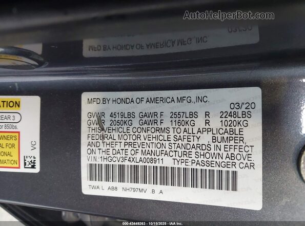 1HGCV3F4XLA008911 2020 HONDA ACCORD Gray Vista del compartimento del motor