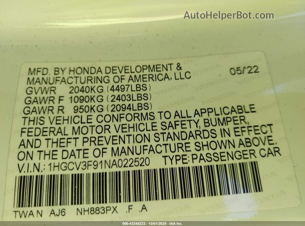 1HGCV3F91NA022520 2022 HONDA ACCORD White Vista del compartimento del motor