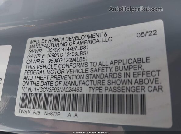 1HGCV3F93NA024463 2022 HONDA ACCORD Gray Вид підкапотного простору