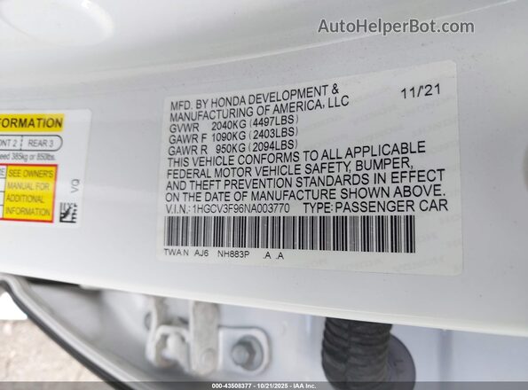1HGCV3F96NA003770 2022 HONDA ACCORD HYBRID White 