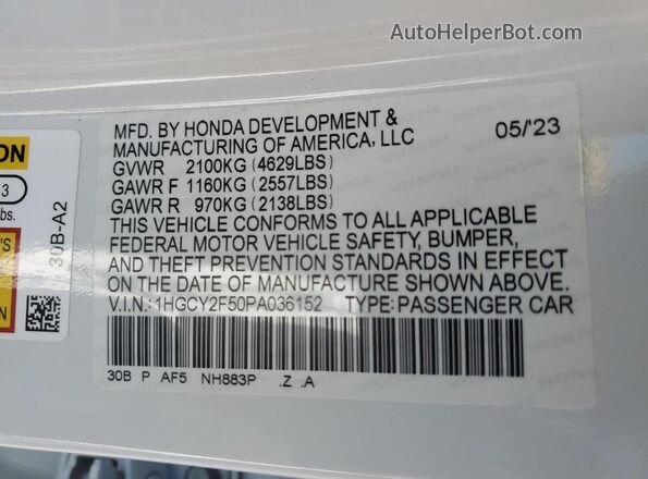 1HGCY2F50PA036152 2023 HONDA ACCORD Белый Вид наклейки с VIN-кодом
