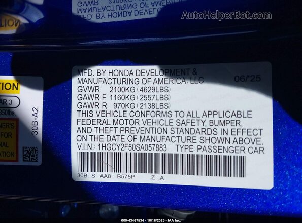 1HGCY2F50SA057883 2025 HONDA ACCORD HYBRID Blue 