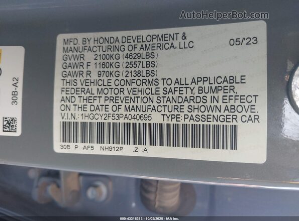1HGCY2F53PA040695 2023 HONDA ACCORD Gray Вид підкапотного простору