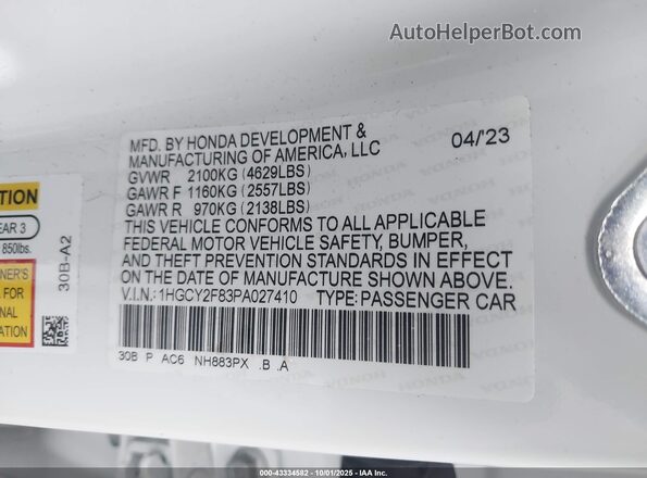 1HGCY2F83PA027410 2023 HONDA ACCORD White Շարժիչի բաժամունքի տեսք