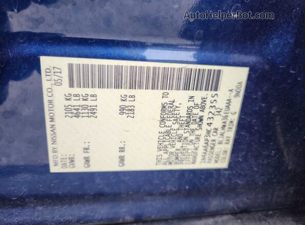 1N4AA6AP3HC432355 2017 NISSAN MAXIMA Blue Vista de la etiqueta del VIN