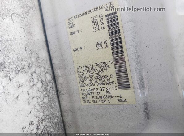 1N4AA6AV1KC373215 2019 NISSAN MAXIMA White Շարժիչի բաժամունքի տեսք