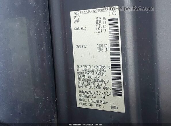 1N4AA6CV2LC373514 2020 NISSAN MAXIMA Gray Շարժիչի բաժամունքի տեսք