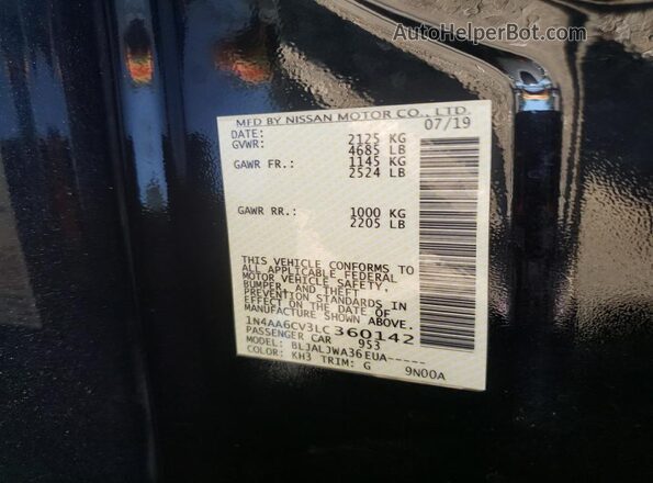 1N4AA6CV3LC360142 2020 NISSAN MAXIMA Black VIN კოდის სტიკერის ხედი