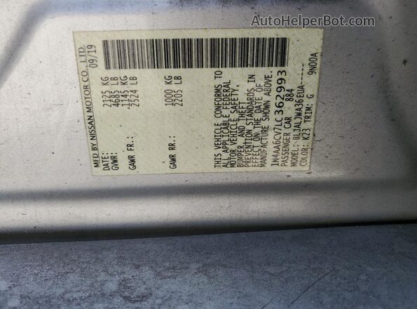 1N4AA6CV7LC362993 2020 NISSAN MAXIMA Silver ძრავის განყოფილების ხედი