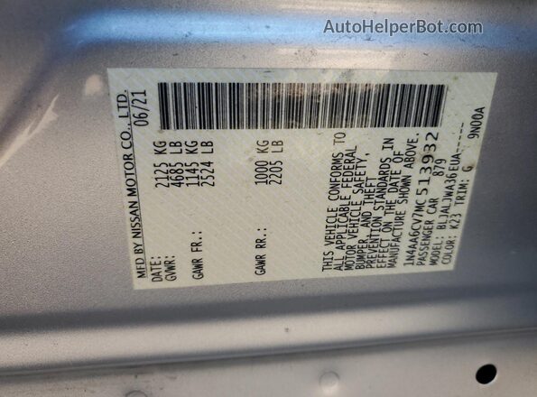 1N4AA6CV7MC513932 2021 NISSAN MAXIMA Silver Widok naklejki z numerem VIN