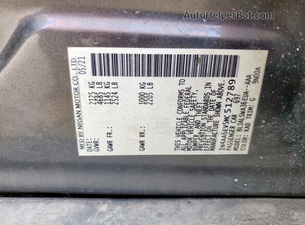 1N4AA6EV5MC512789 2021 NISSAN MAXIMA SR Gray 