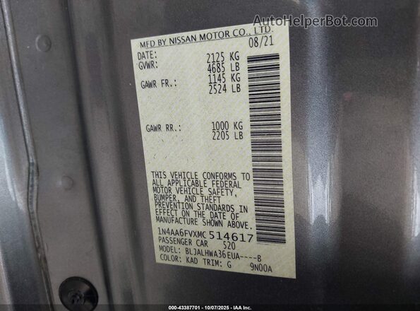 1N4AA6FVXMC514617 2021 NISSAN MAXIMA PLATINUM Gray Engine compartment view