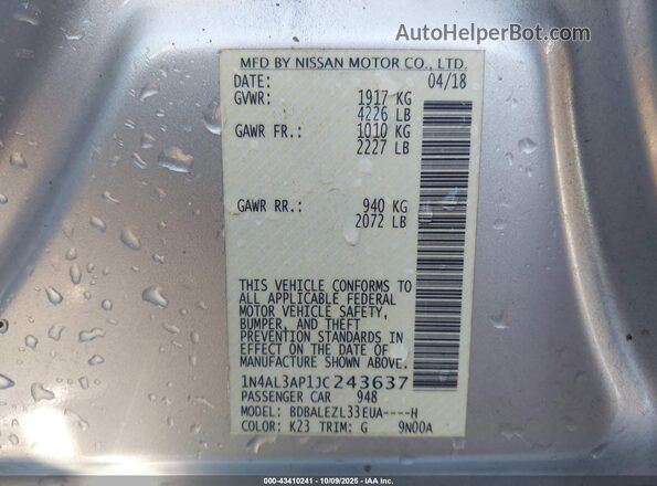 1N4AL3AP1JC243637 2018 NISSAN ALTIMA Серебряный 