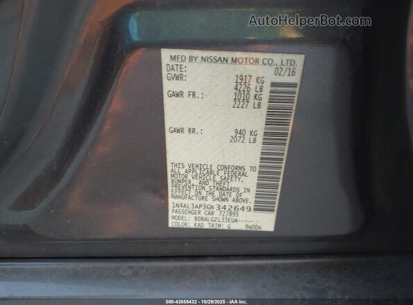 1N4AL3AP3GN342649 2016 NISSAN ALTIMA Gray Вид підкапотного простору