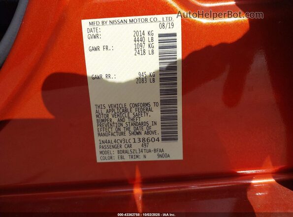 1N4AL4CV3LC138604 2020 NISSAN ALTIMA Orange Շարժիչի բաժամունքի տեսք