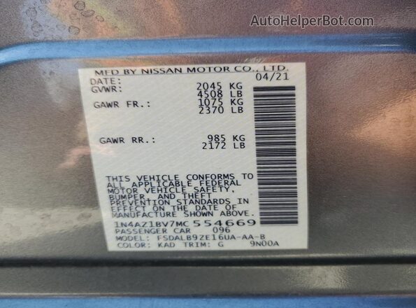 1N4AZ1BV7MC554669 2021 NISSAN LEAF Gray VIN sticker view