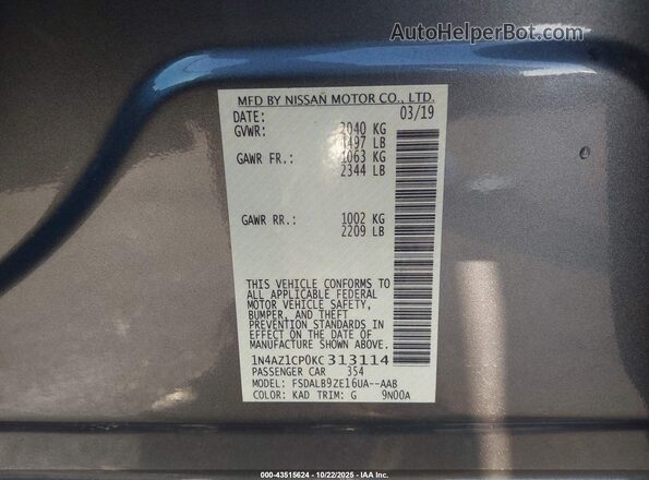 1N4AZ1CP0KC313114 2019 NISSAN LEAF Gray Vista del compartimento del motor
