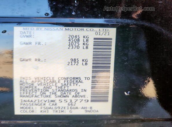 1N4AZ1CV1MC551779 2021 NISSAN LEAF Черный Вид наклейки с VIN-кодом