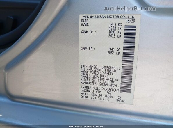 1N4BL4BV1LC269004 2020 NISSAN ALTIMA Silver Շարժիչի բաժամունքի տեսք