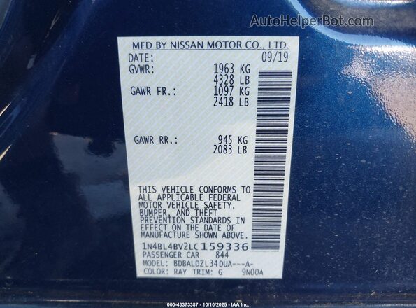1N4BL4BV2LC159336 2020 NISSAN ALTIMA Blue Շարժիչի բաժամունքի տեսք