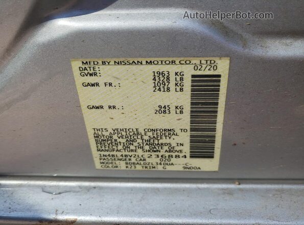 1N4BL4BV2LC236884 2020 NISSAN ALTIMA Silver Engine compartment view