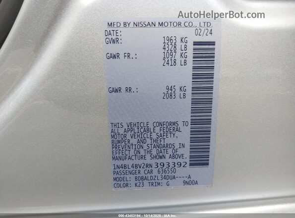 1N4BL4BV2RN393392 2024 NISSAN ALTIMA Gray Շարժիչի բաժամունքի տեսք