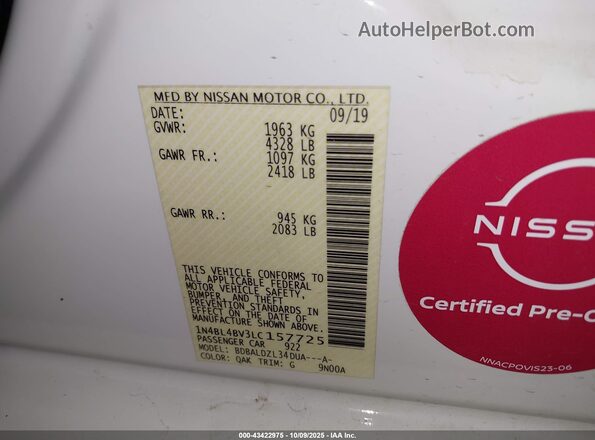 1N4BL4BV3LC157725 2020 NISSAN ALTIMA White Vista del compartimento del motor