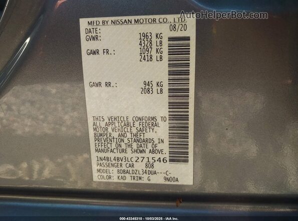 1N4BL4BV3LC271546 2020 NISSAN ALTIMA Gray Widok komory silnika