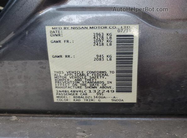 1N4BL4BV4LC132249 2020 NISSAN ALTIMA Charcoal Widok wnętrza 360 stopni