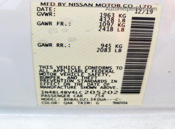 1N4BL4BV4LC205202 2020 NISSAN ALTIMA White Շարժիչի բաժամունքի տեսք