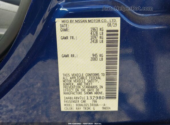 1N4BL4BV7LC137980 2020 NISSAN ALTIMA Синий Вид подкапотного пространства