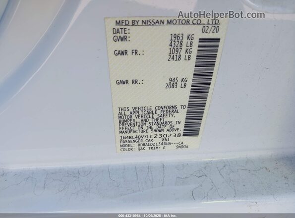1N4BL4BV7LC230238 2020 NISSAN ALTIMA White Շարժիչի բաժամունքի տեսք