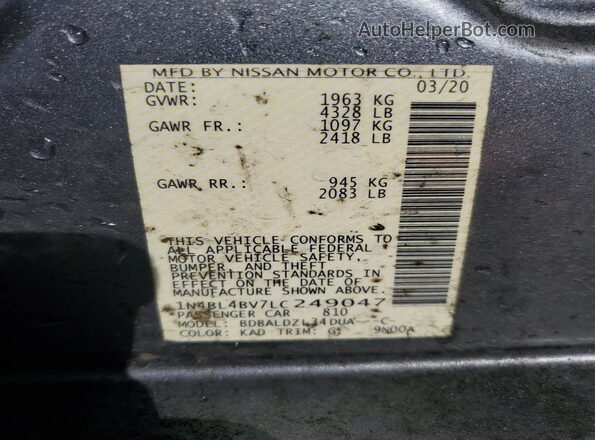 1N4BL4BV7LC249047 2020 NISSAN ALTIMA Gray Սալոնի հետևի տեսք