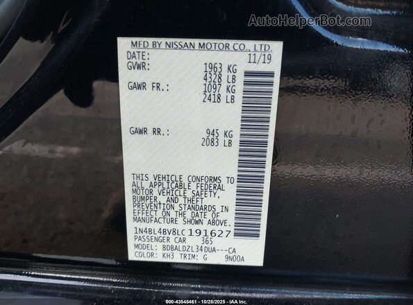 1N4BL4BV8LC191627 2020 NISSAN ALTIMA Black Vista del compartimento del motor