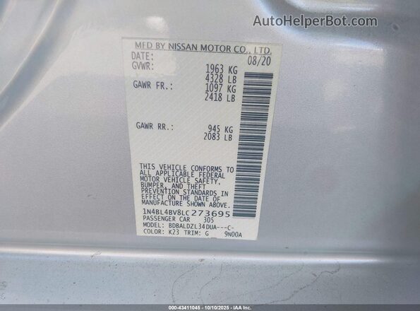 1N4BL4BV8LC273695 2020 NISSAN ALTIMA Silver Widok komory silnika