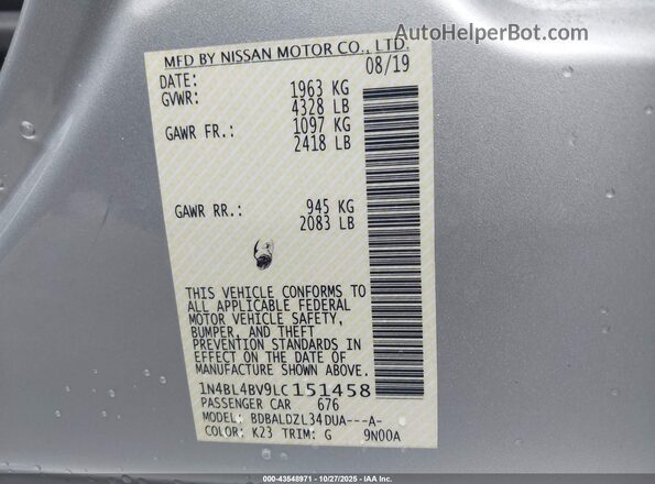1N4BL4BV9LC151458 2020 NISSAN ALTIMA Silver Widok komory silnika