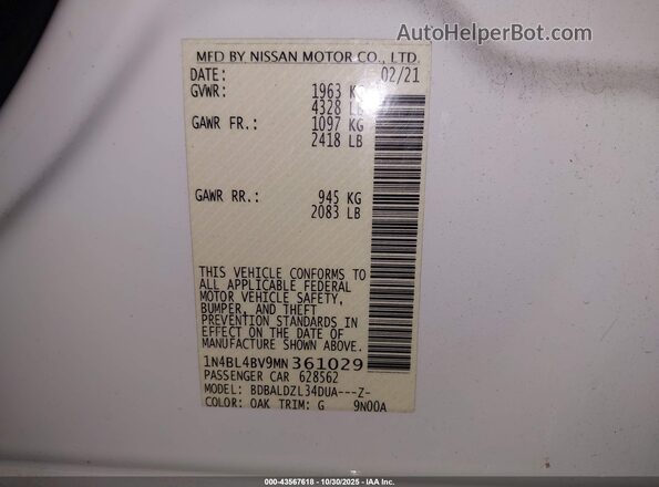 1N4BL4BV9MN361029 2021 NISSAN ALTIMA White Widok komory silnika