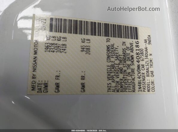 1N4BL4CV0MN408186 2021 NISSAN ALTIMA White Widok komory silnika
