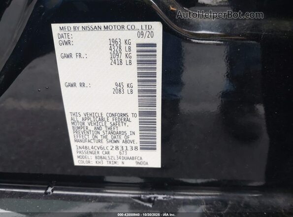 1N4BL4CV6LC283138 2020 NISSAN ALTIMA Black Widok komory silnika
