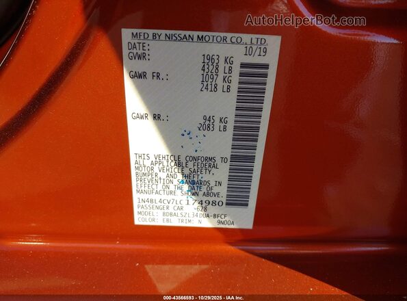 1N4BL4CV7LC174980 2020 NISSAN ALTIMA Orange Vista del compartimento del motor