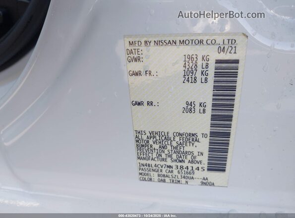 1N4BL4CV7MN384145 2021 NISSAN ALTIMA White 