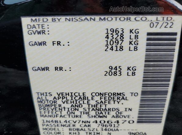 1N4BL4CV7NN406470 2022 NISSAN ALTIMA Black VIN sticker view