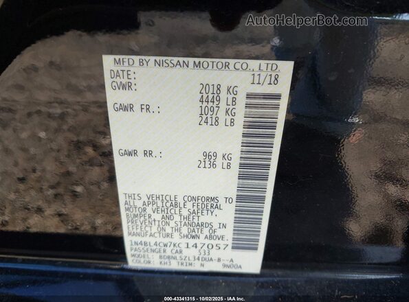 1N4BL4CW7KC147057 2019 NISSAN ALTIMA Черный Вид подкапотного пространства