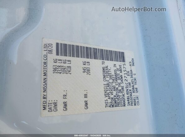 1N4BL4DV3LC271575 2020 NISSAN ALTIMA White ძრავის განყოფილების ხედი